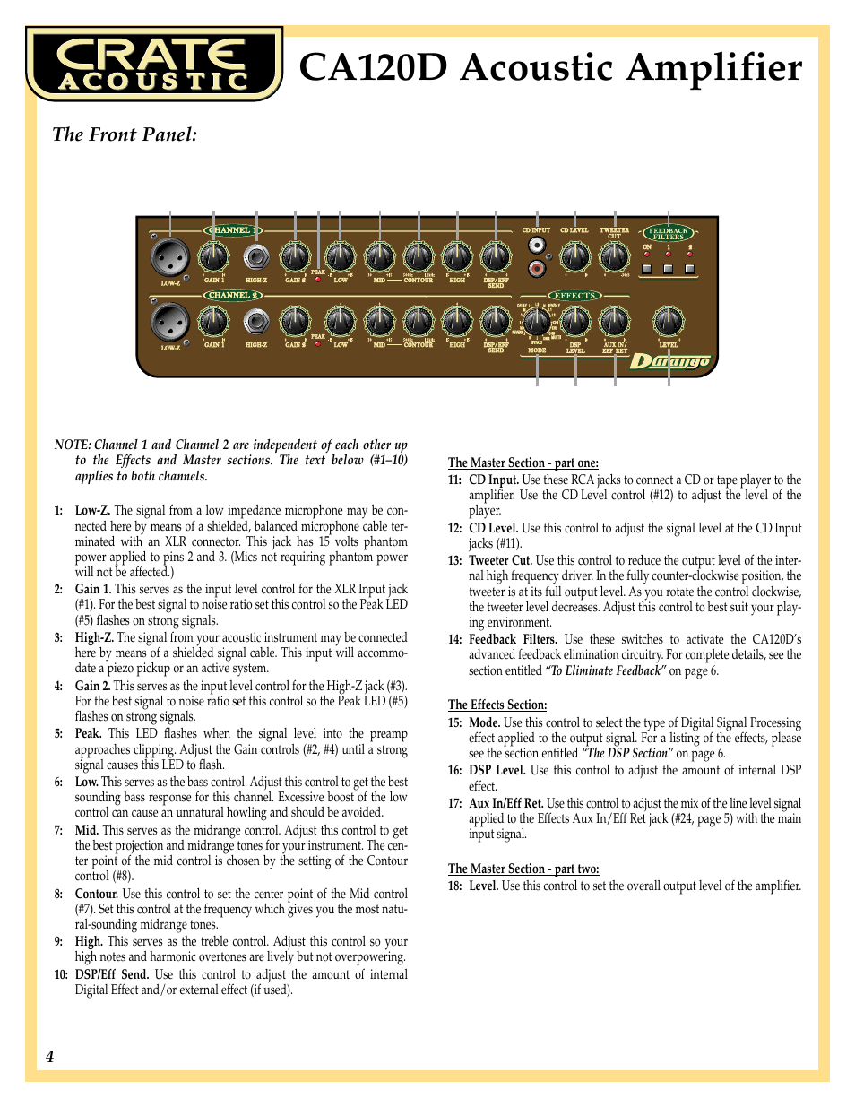Ca120d acoustic amplifier, The front panel | Crate Amplifiers Acoustic CA120D User Manual | Page 4 / 8
