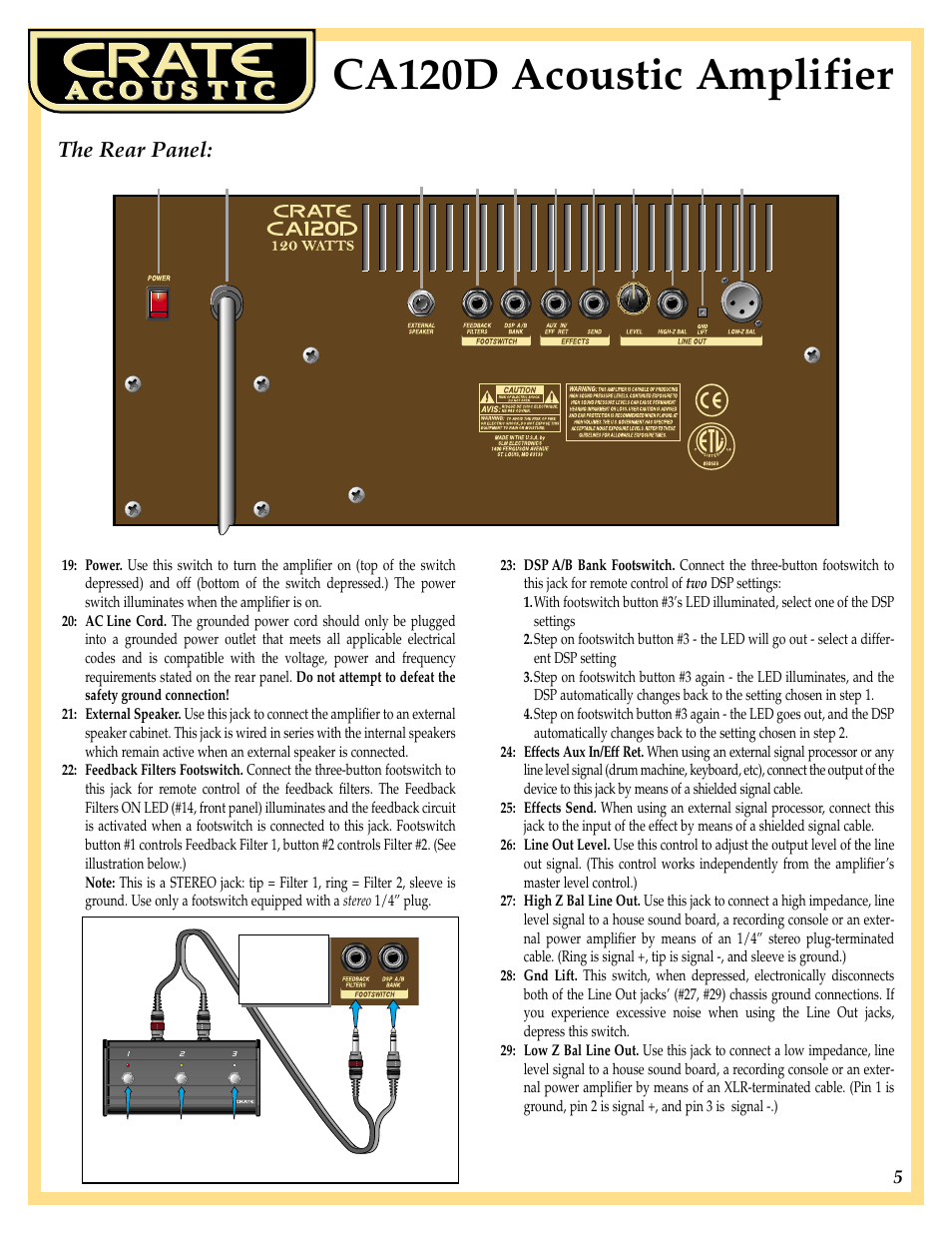 Ca120d acoustic amplifier, The rear panel | Crate Amplifiers Acoustic CA120D User Manual | Page 5 / 8