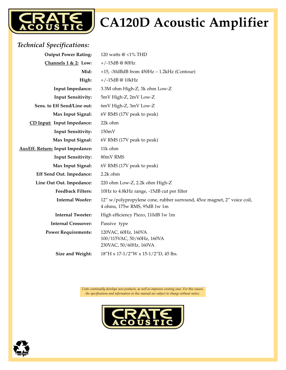 Ca120d acoustic amplifier, Technical specifications | Crate Amplifiers Acoustic CA120D User Manual | Page 8 / 8