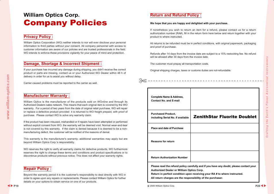 Company policies, William optics corp, Zenithstar fluorite doublet | William Optics Zenithtar 80 FD User Manual | Page 12 / 12