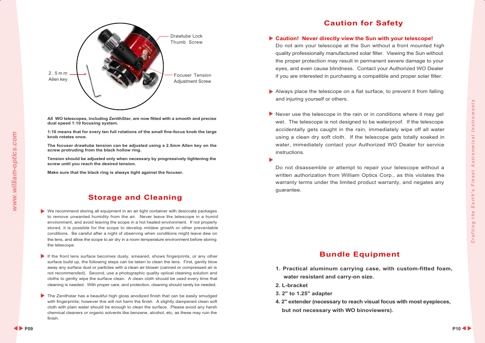 Bundle equipment, Storage and cleaning, Caution for safety | William Optics Zenithtar 80 FD User Manual | Page 7 / 12