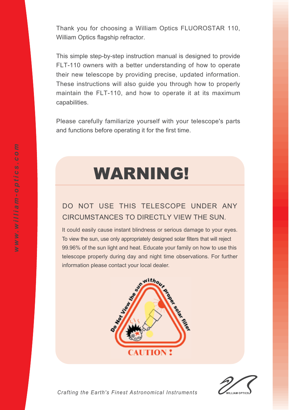 Warning | William Optics FluoroStar 110 User Manual | Page 2 / 20