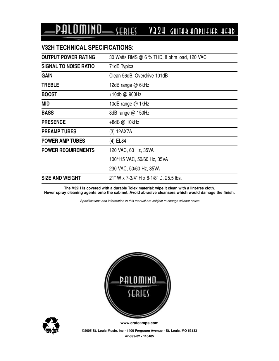 V32h, Guitar amplifier head, V32h technical specifications | Crate Amplifiers PALOMINO V32H User Manual | Page 12 / 12