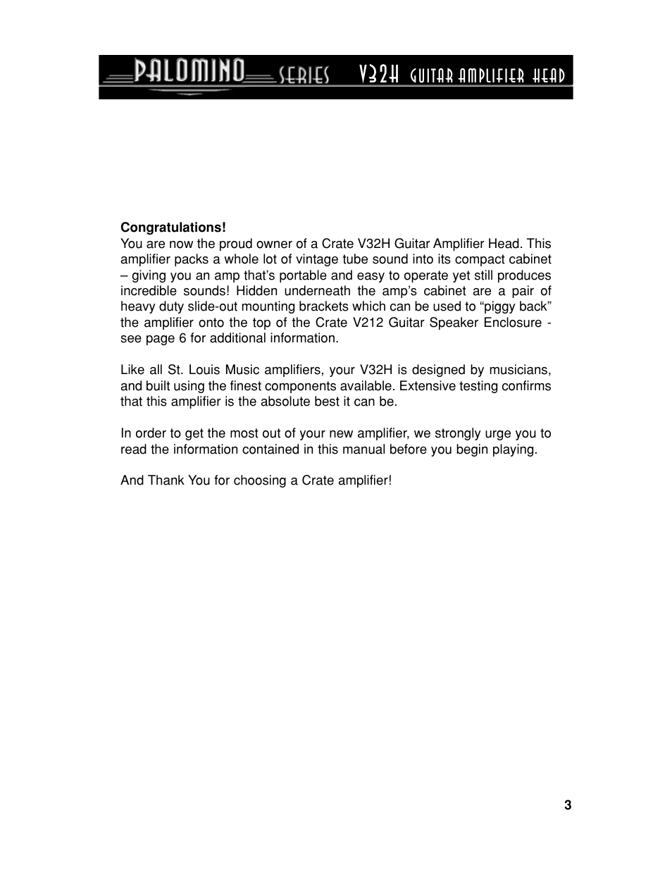 V32h, Guitar amplifier head | Crate Amplifiers PALOMINO V32H User Manual | Page 3 / 12