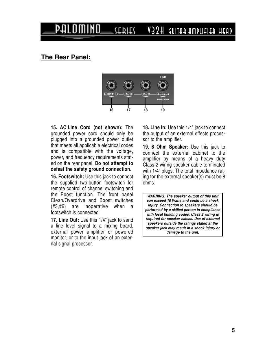 V32h, Guitar amplifier head, The rear panel | Crate Amplifiers PALOMINO V32H User Manual | Page 5 / 12