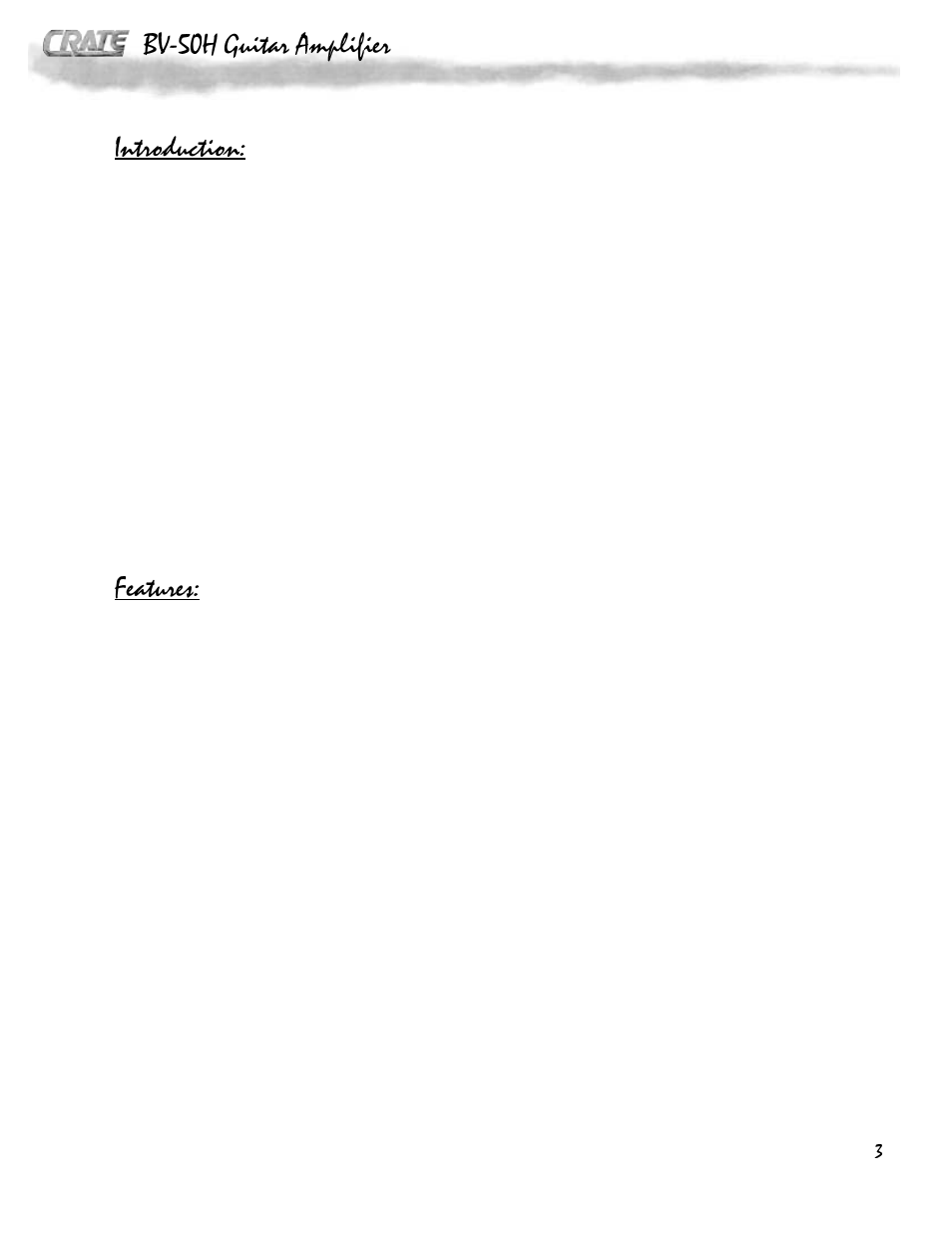 Introduction, Features, Bv-50h guitar amplifier | Crate Amplifiers BV-50H User Manual | Page 3 / 8