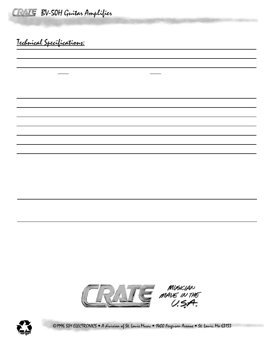 Technical specifications, Bv-50h guitar amplifier | Crate Amplifiers BV-50H User Manual | Page 8 / 8
