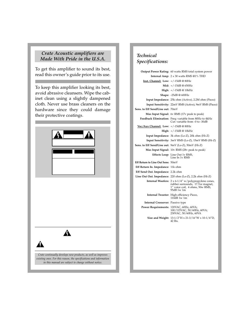Technical specifications | Crate Amplifiers CA60 User Manual | Page 3 / 6