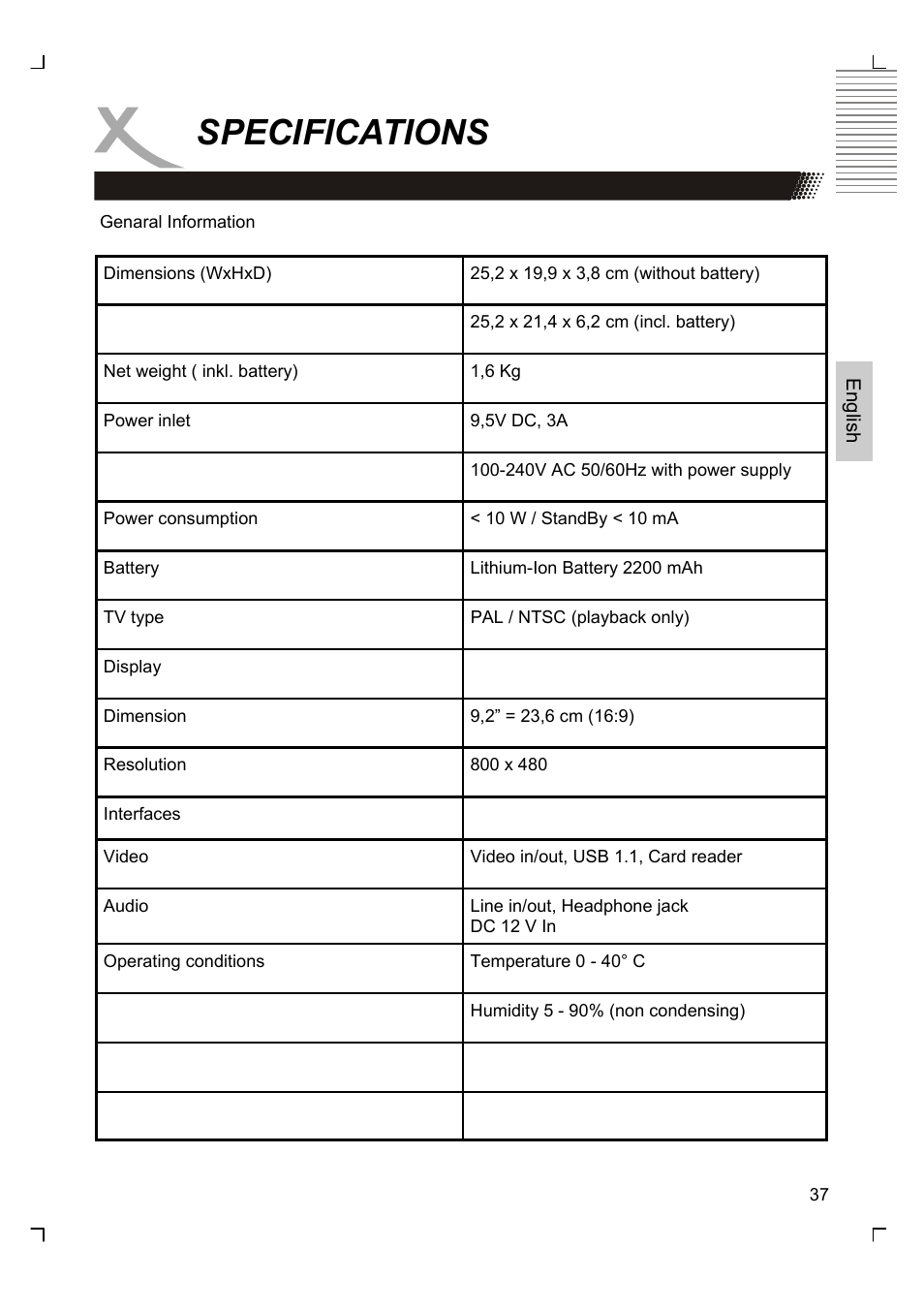 Specifications | Xoro HSD 7510 User Manual | Page 37 / 41