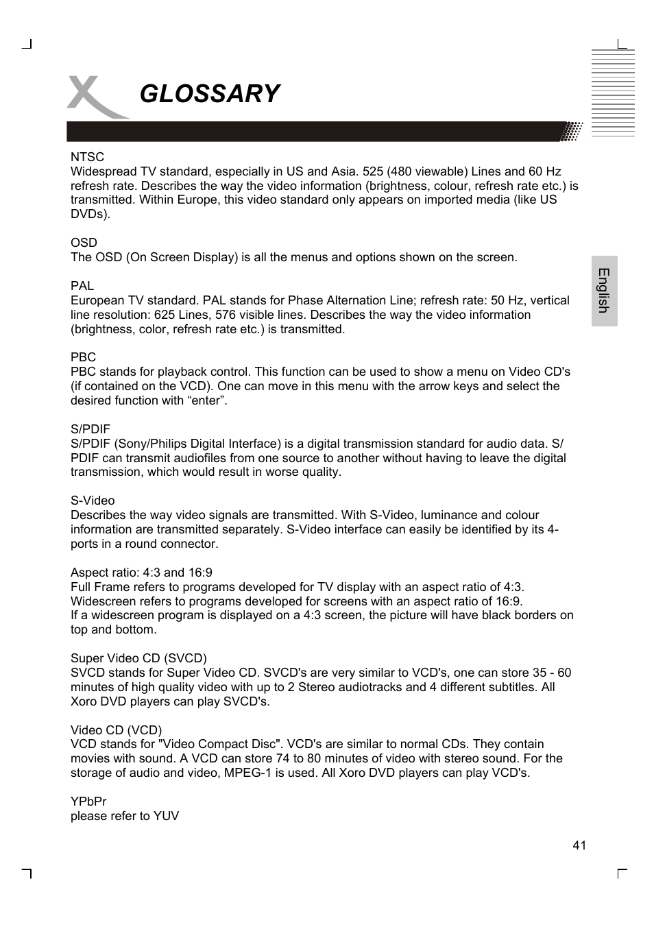 Glossary | Xoro HSD 7510 User Manual | Page 41 / 41