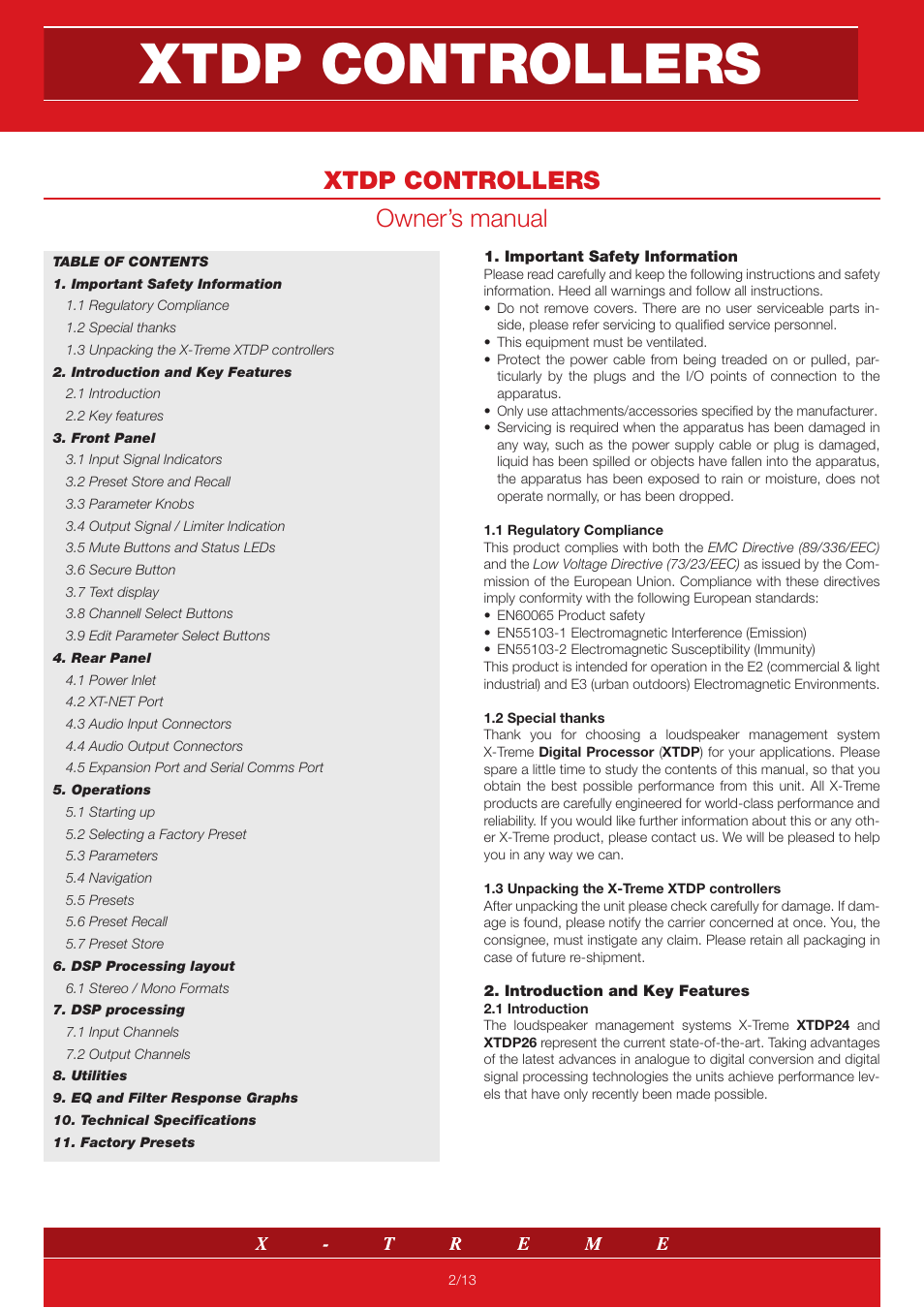 Xtdp controllers, Xtdp controllers owner’s manual | X-Treme Audio XTDP User Manual | Page 2 / 13