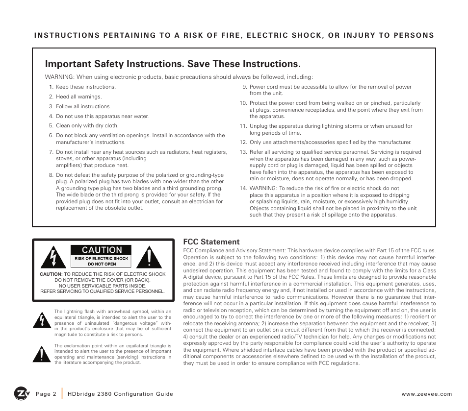 Fcc statement | ZeeVee HDbridge 2380 (QAM) User Manual | Page 2 / 12
