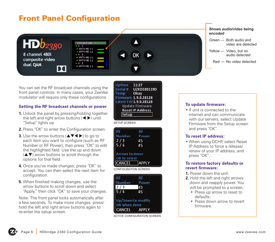 Front panel configuration | ZeeVee HDbridge 2380 (QAM) User Manual | Page 6 / 12