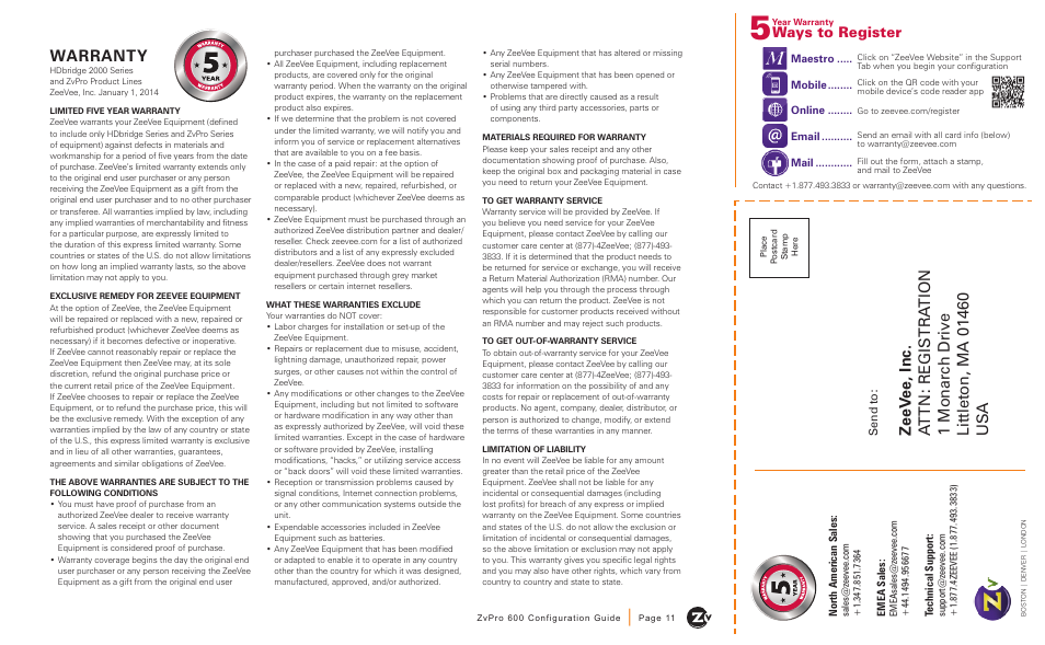 Warranty, Ways to register | ZeeVee ZvPro 600 Series (QAM) User Manual | Page 11 / 12