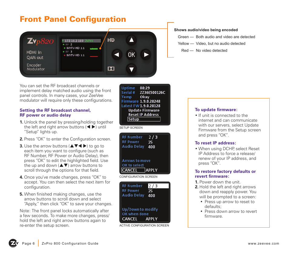 Front panel configuration | ZeeVee ZvPro 800 Series (QAM) User Manual | Page 6 / 12