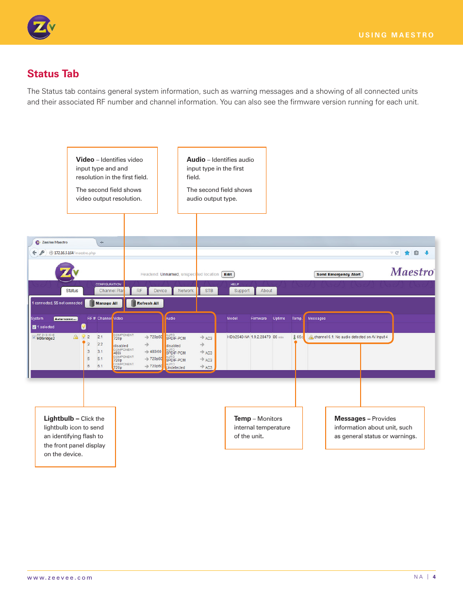 Status tab | ZeeVee Using Maestro (QAM) User Manual | Page 4 / 21