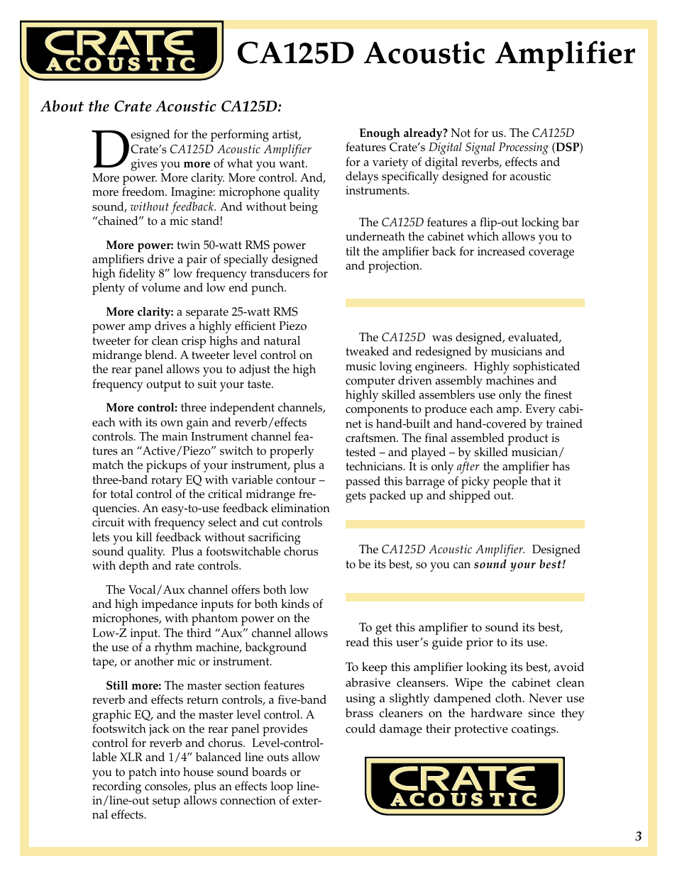 Ca125d acoustic amplifier | Crate Amplifiers CA125D User Manual | Page 3 / 8