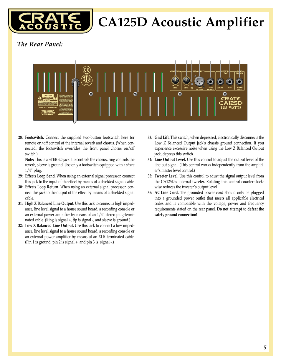Ca125d acoustic amplifier, The rear panel | Crate Amplifiers CA125D User Manual | Page 5 / 8