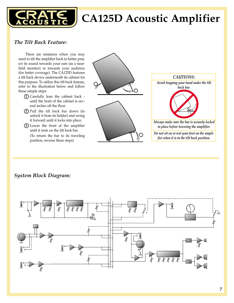 Ca125d acoustic amplifier, System block diagram, The tilt back feature | Cautions | Crate Amplifiers CA125D User Manual | Page 7 / 8