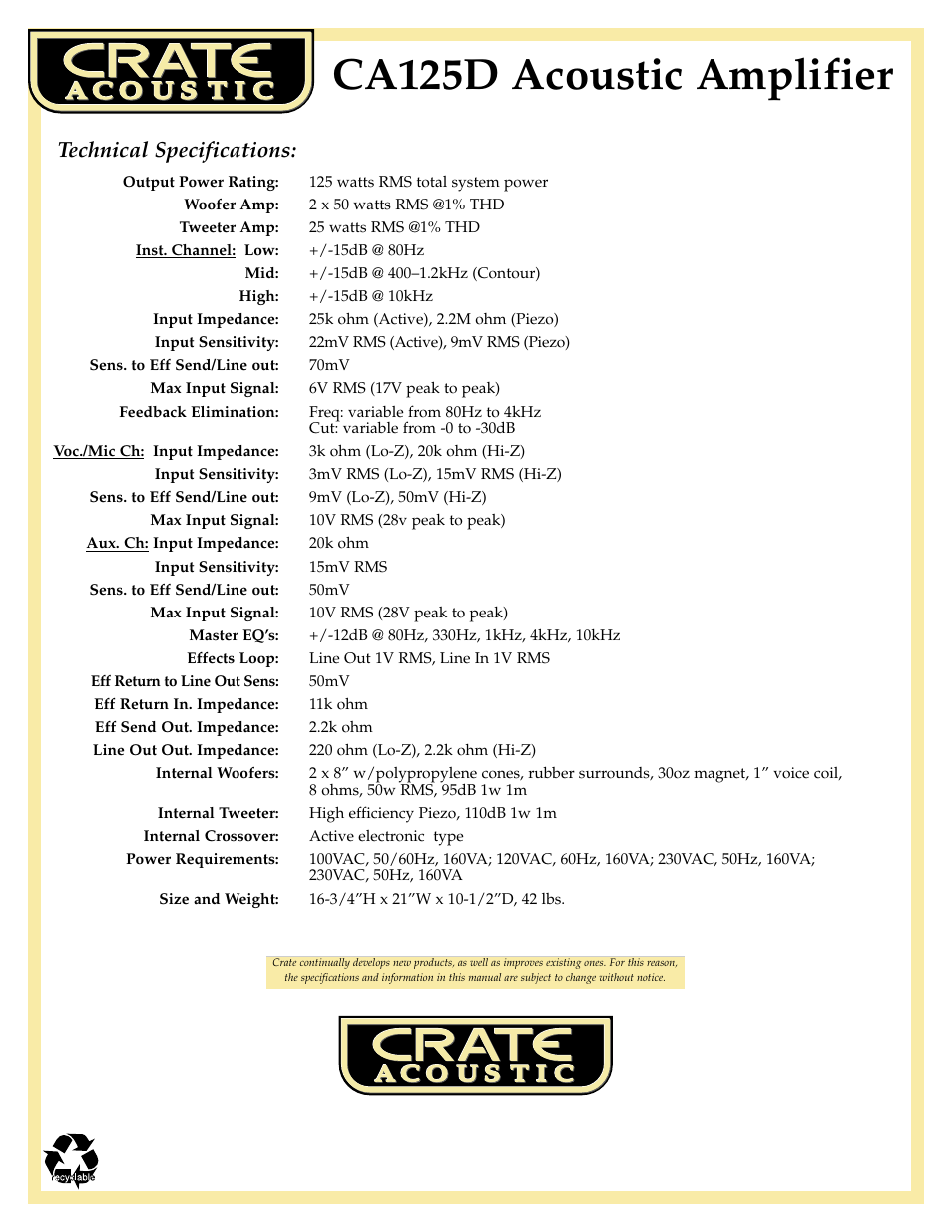 Ca125d acoustic amplifier, Technical specifications | Crate Amplifiers CA125D User Manual | Page 8 / 8