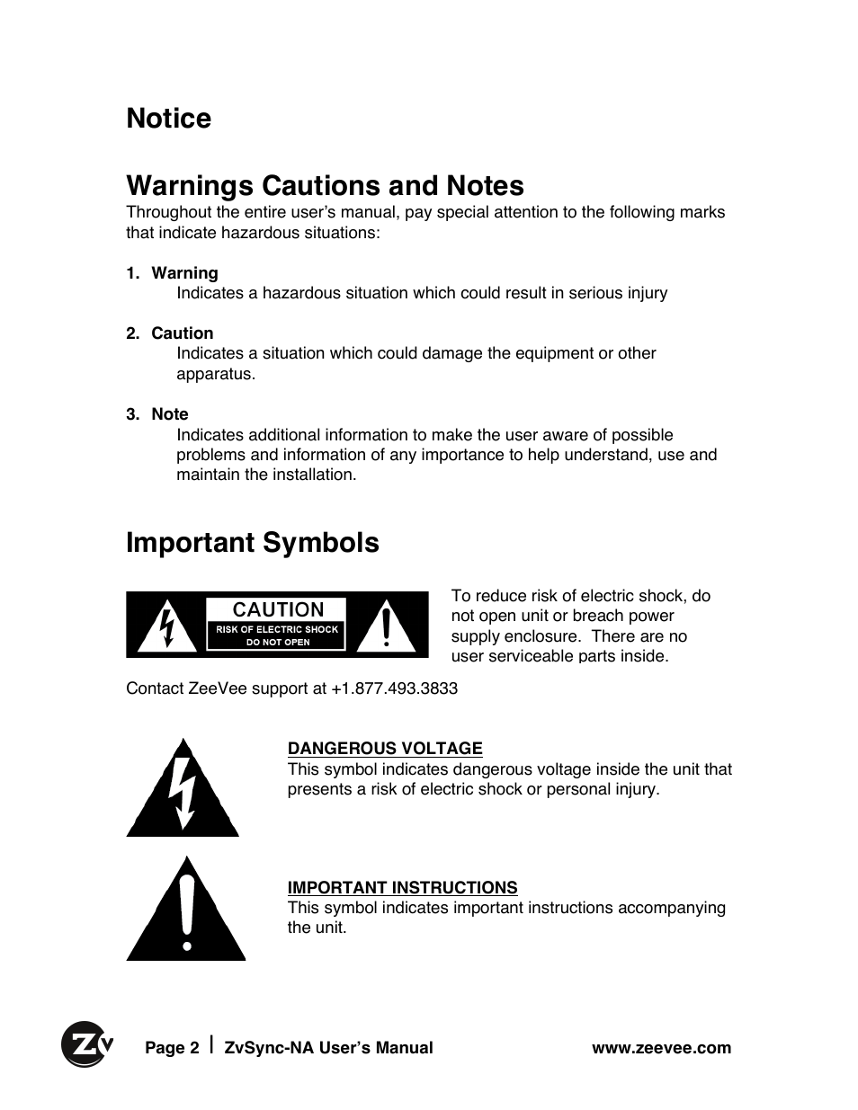 Important symbols | ZeeVee ZvSync (QAM) User Manual | Page 2 / 32