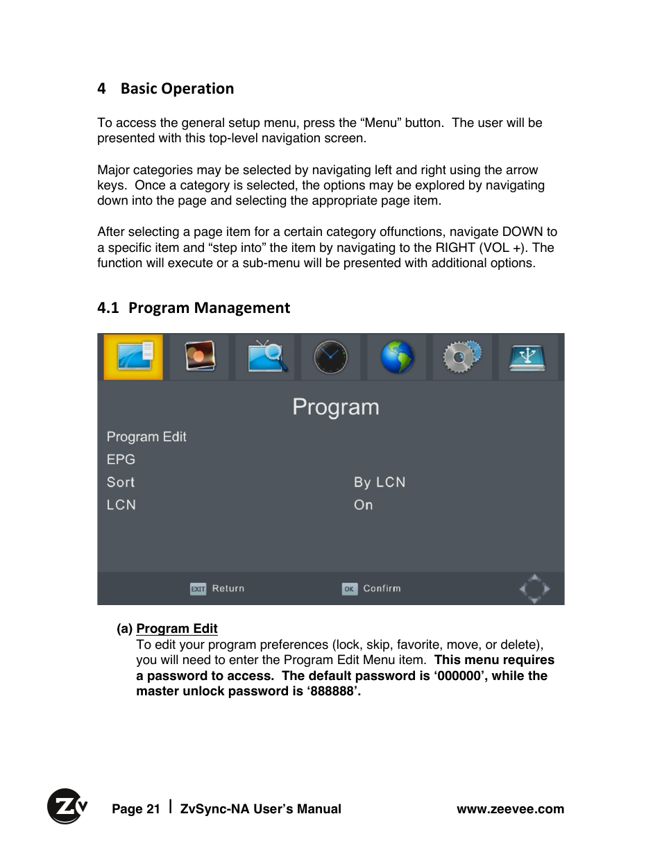 4 basic operation, 1 program management | ZeeVee ZvSync (QAM) User Manual | Page 21 / 32