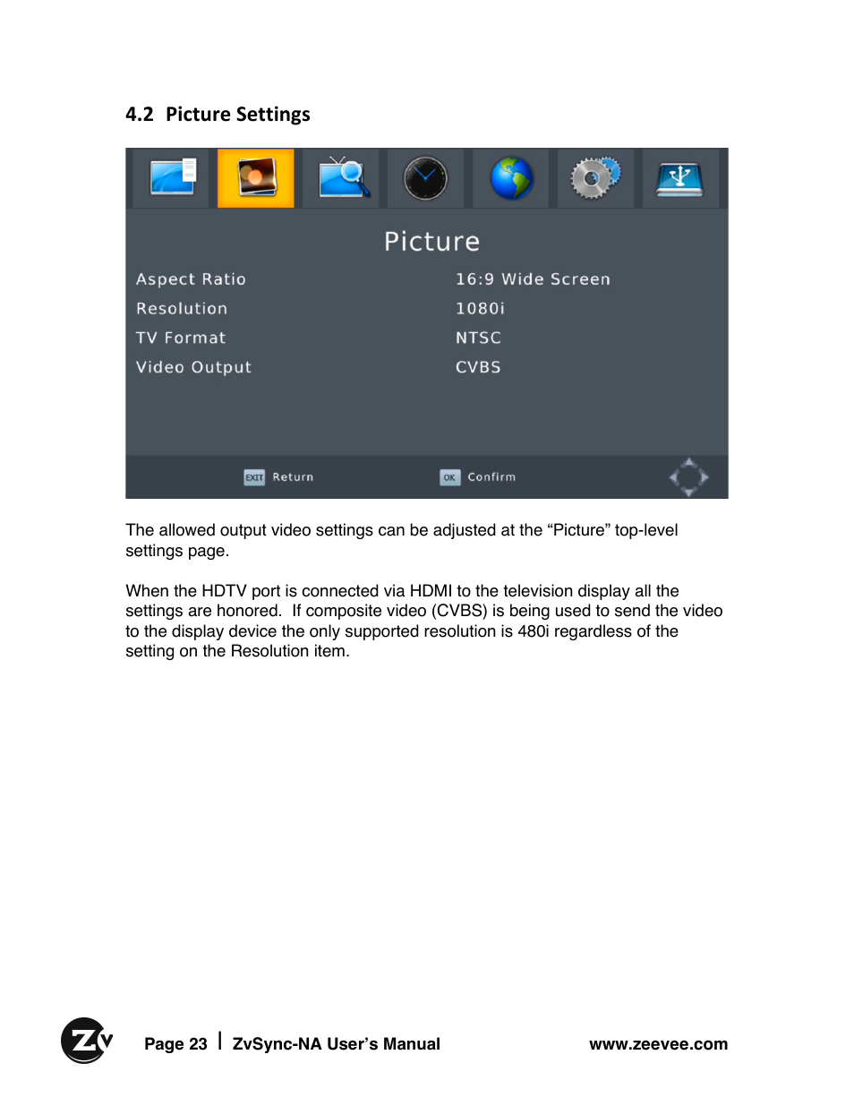 2 picture settings | ZeeVee ZvSync (QAM) User Manual | Page 23 / 32