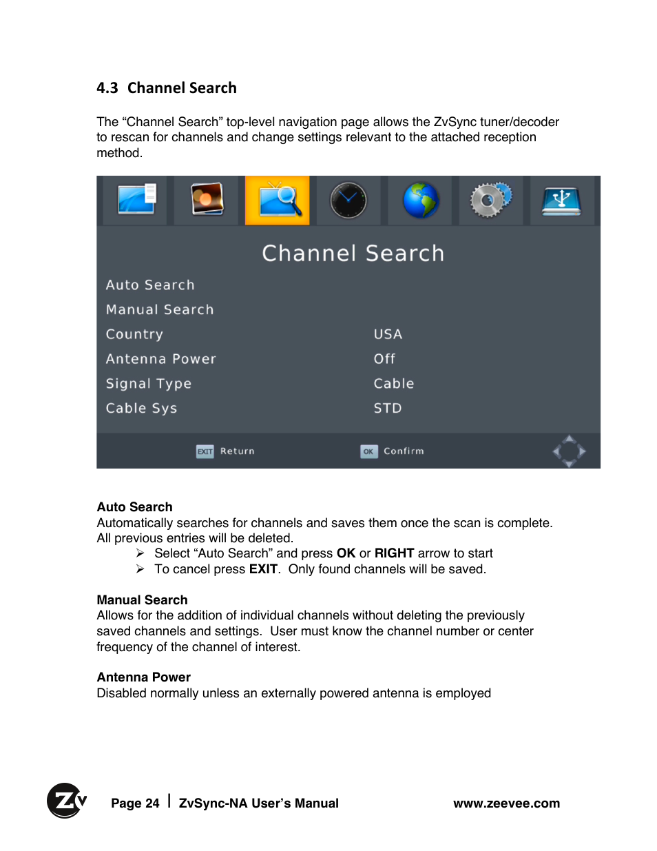 3 channel search | ZeeVee ZvSync (QAM) User Manual | Page 24 / 32