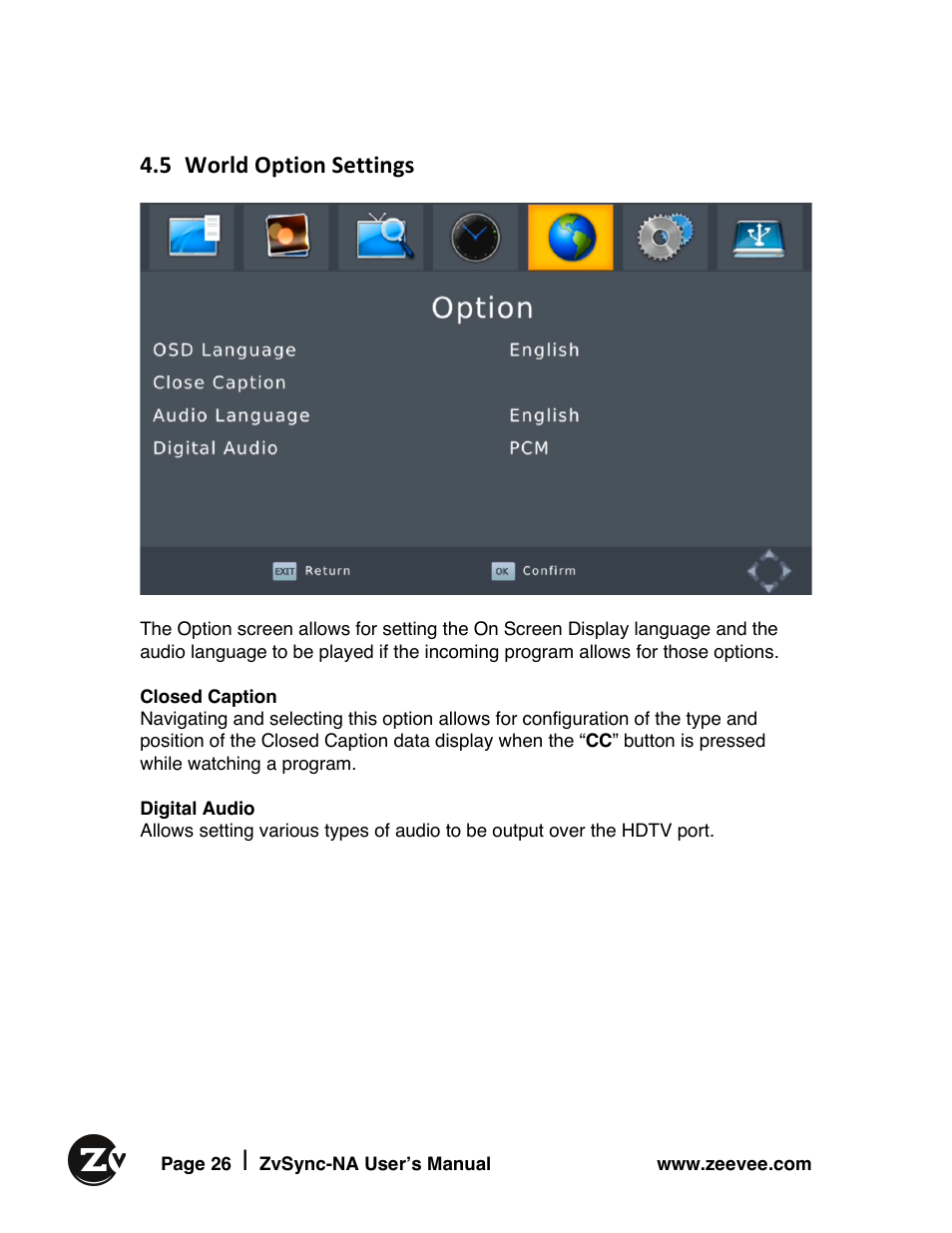 5 world option settings | ZeeVee ZvSync (QAM) User Manual | Page 26 / 32