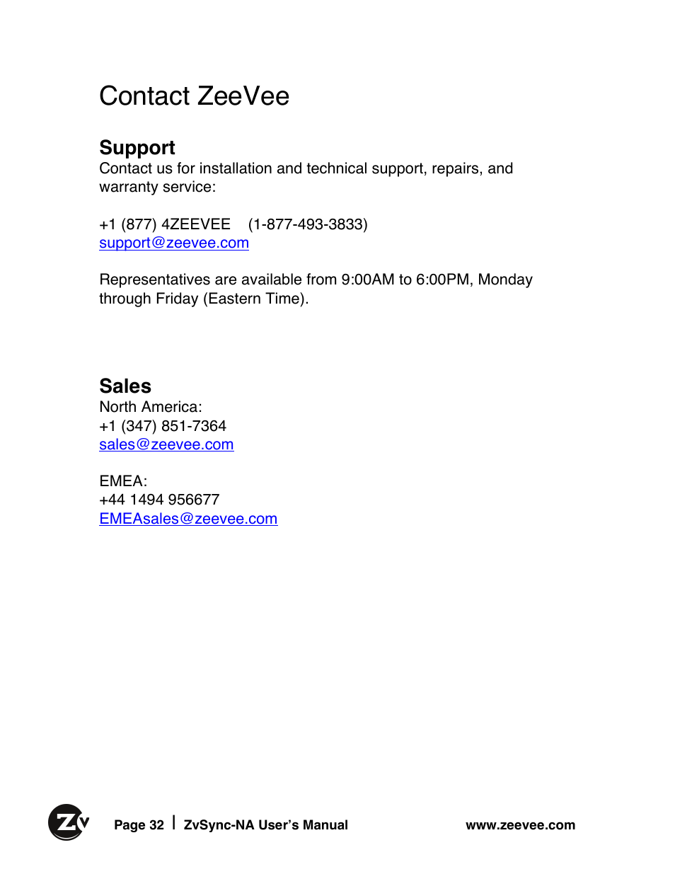 Contact zeevee, Support, Sales | ZeeVee ZvSync (QAM) User Manual | Page 32 / 32