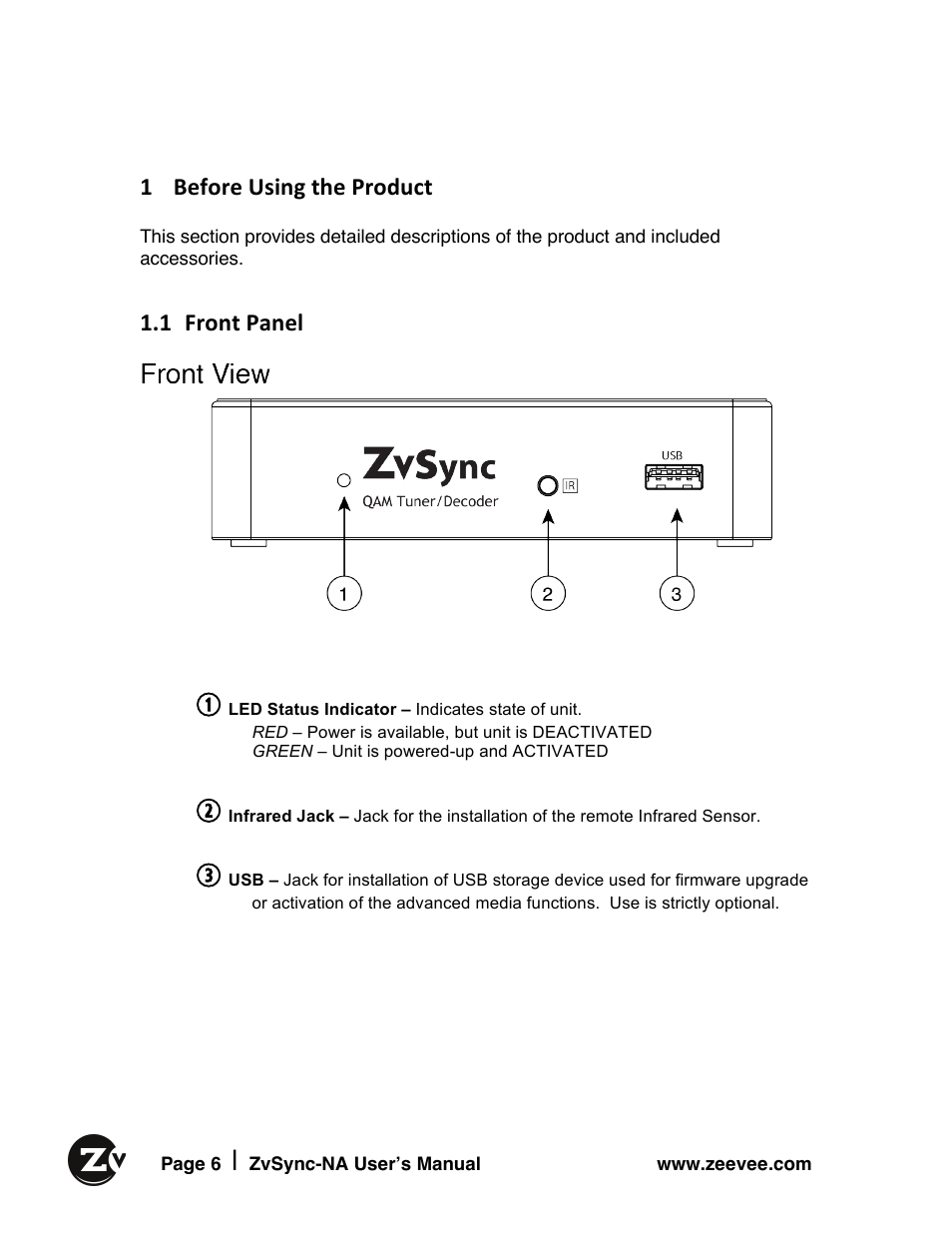 1 before using the product, 1 front panel | ZeeVee ZvSync (QAM) User Manual | Page 6 / 32