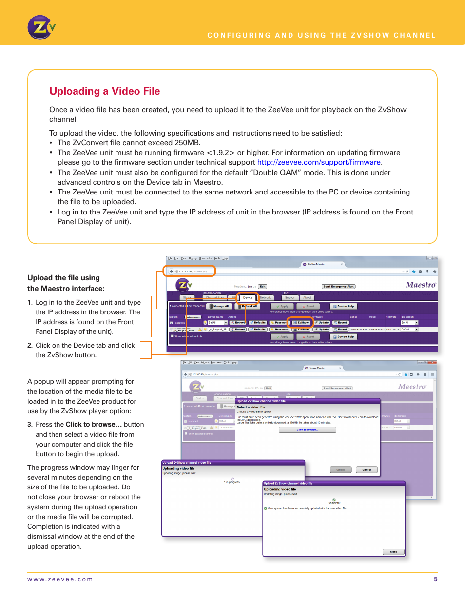 Uploading a video file | ZeeVee ZvShow Channel (QAM & DVB-T/C) User Manual | Page 5 / 6