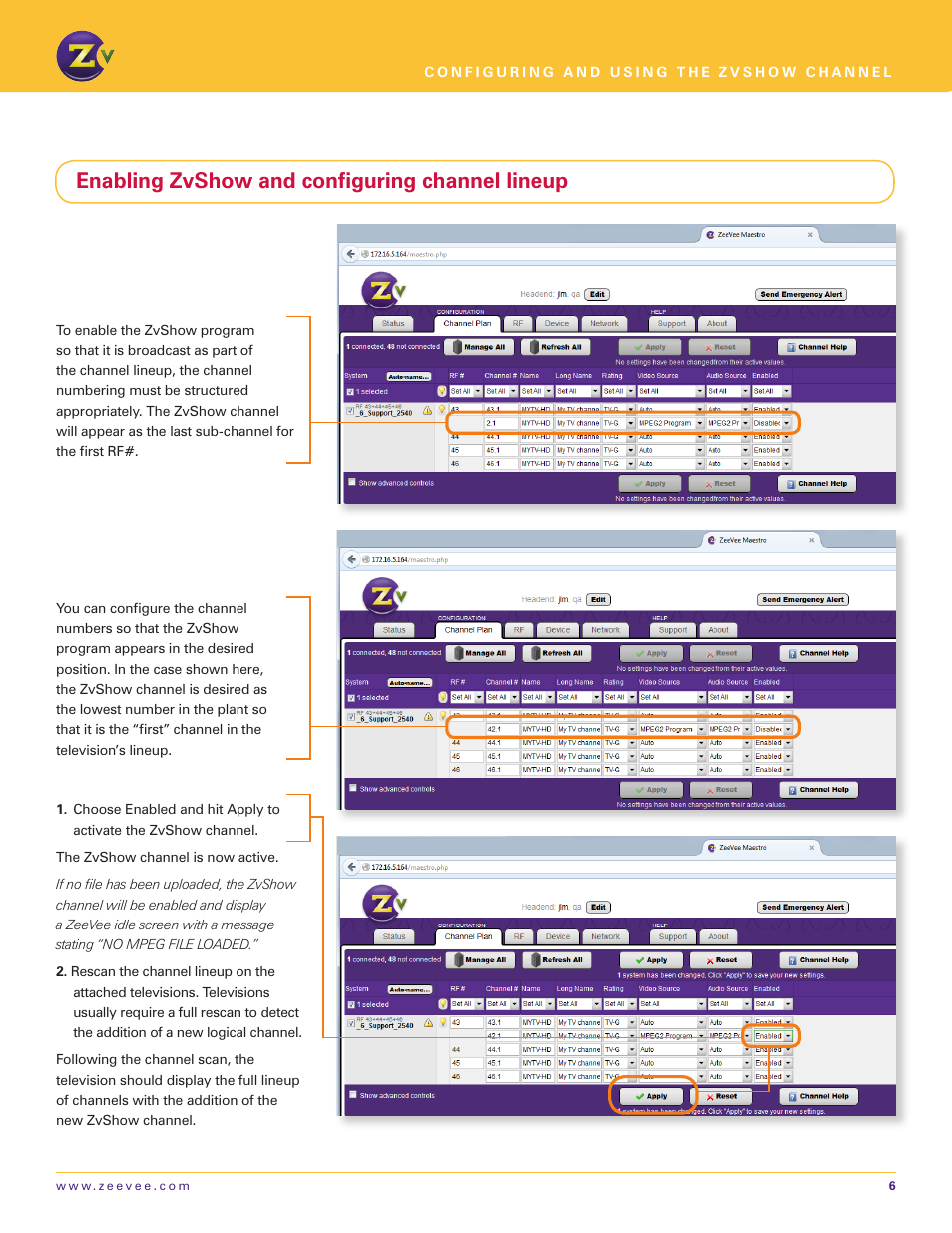 Enabling zvshow and configuring channel lineup | ZeeVee ZvShow Channel (QAM & DVB-T/C) User Manual | Page 6 / 6