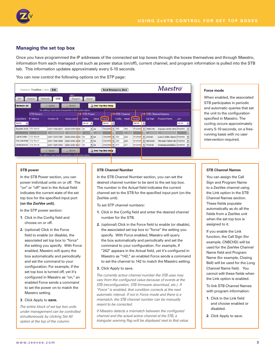 Managing the set top box | ZeeVee ZvSTB Control for Set Top Boxes (QAM & DVB-T/C) User Manual | Page 3 / 3
