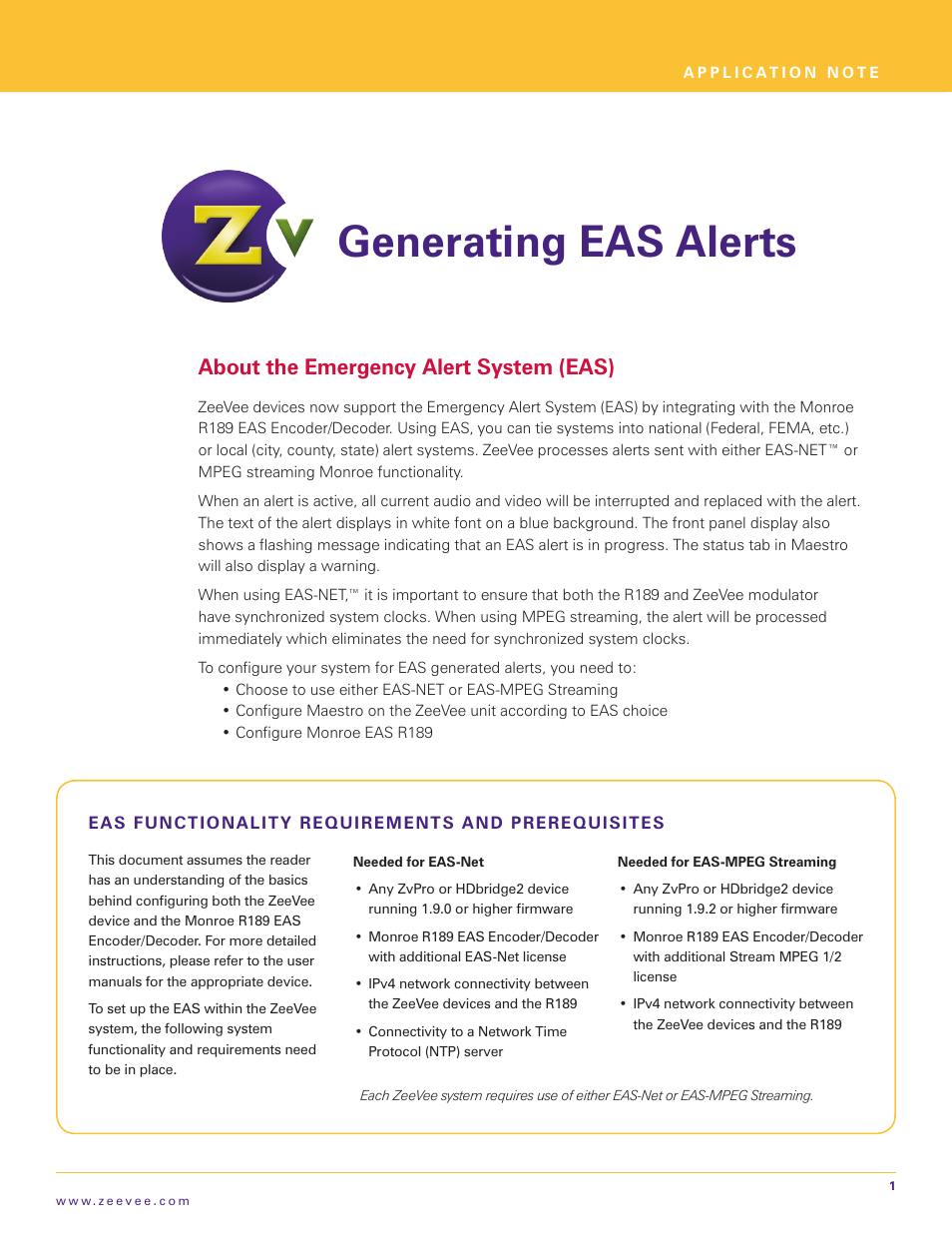 ZeeVee EAS - Emergency Alert System (QAM & DVB-T/C) User Manual | 9 pages