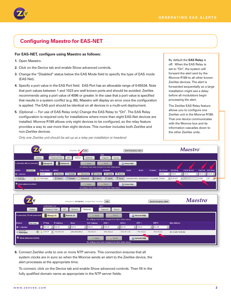 Configuring maestro for eas-net | ZeeVee EAS - Emergency Alert System (QAM & DVB-T/C) User Manual | Page 2 / 9