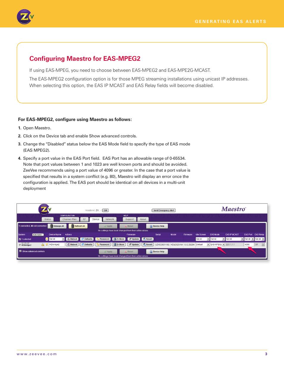 Configuring maestro for eas-mpeg2 | ZeeVee EAS - Emergency Alert System (QAM & DVB-T/C) User Manual | Page 3 / 9