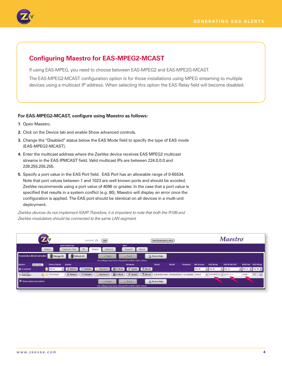 Configuring maestro for eas-mpeg2-mcast | ZeeVee EAS - Emergency Alert System (QAM & DVB-T/C) User Manual | Page 4 / 9