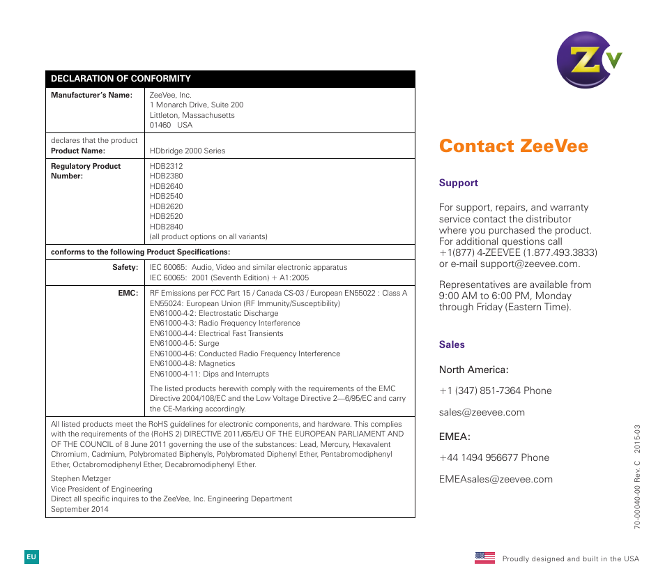 Contact zeevee | ZeeVee HDbridge 2312 (DVB-T/C) User Manual | Page 12 / 12