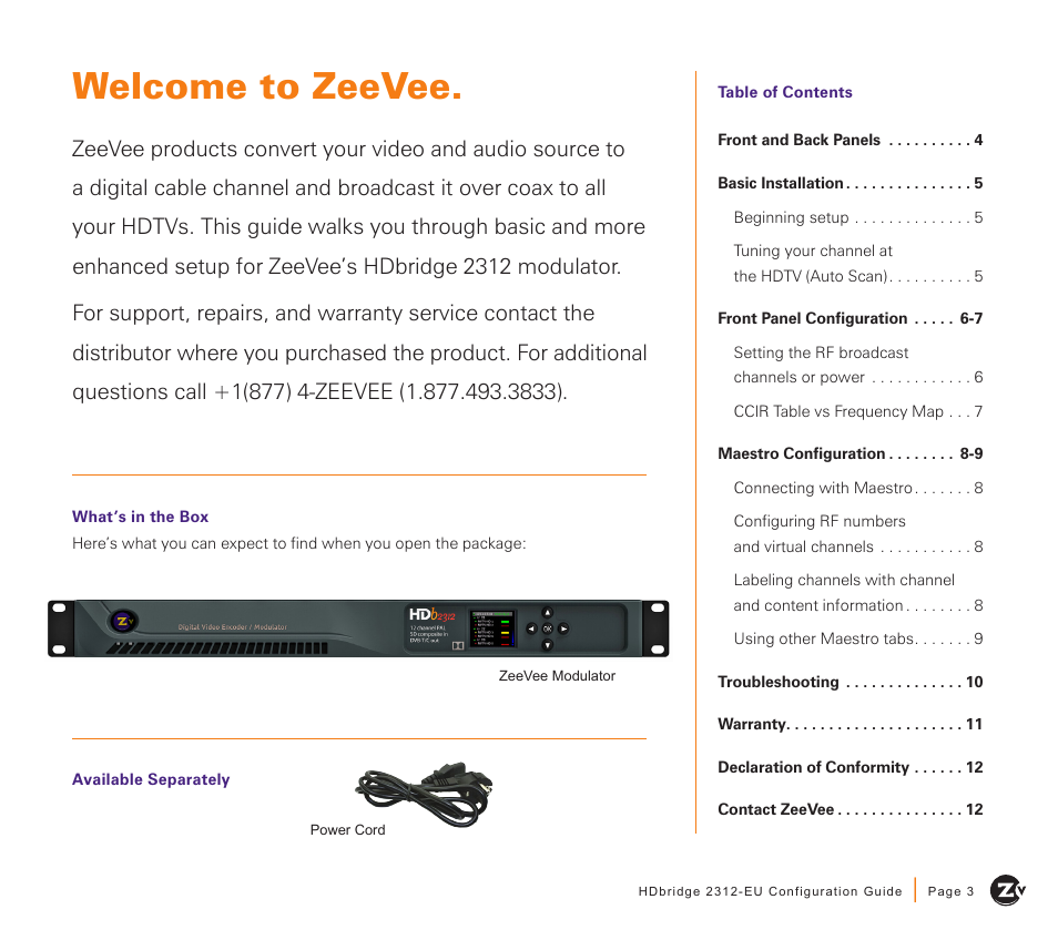 Welcome to zeevee | ZeeVee HDbridge 2312 (DVB-T/C) User Manual | Page 3 / 12