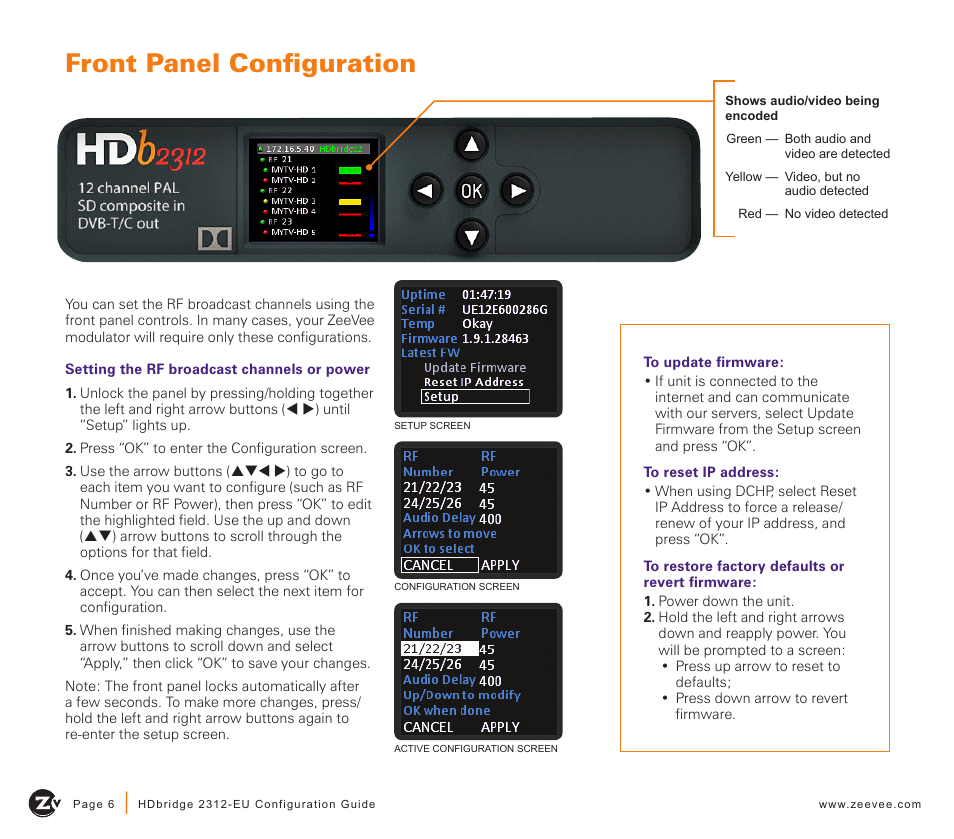 Front panel configuration | ZeeVee HDbridge 2312 (DVB-T/C) User Manual | Page 6 / 12