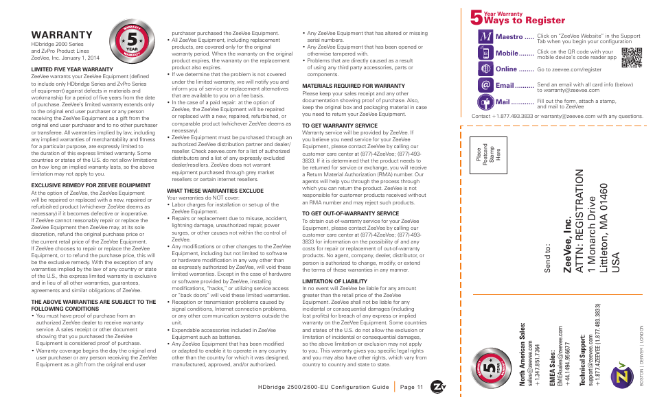 Warranty, Ways to register | ZeeVee HDbridge 2500/2600 Series (DVB-T/C) User Manual | Page 11 / 12