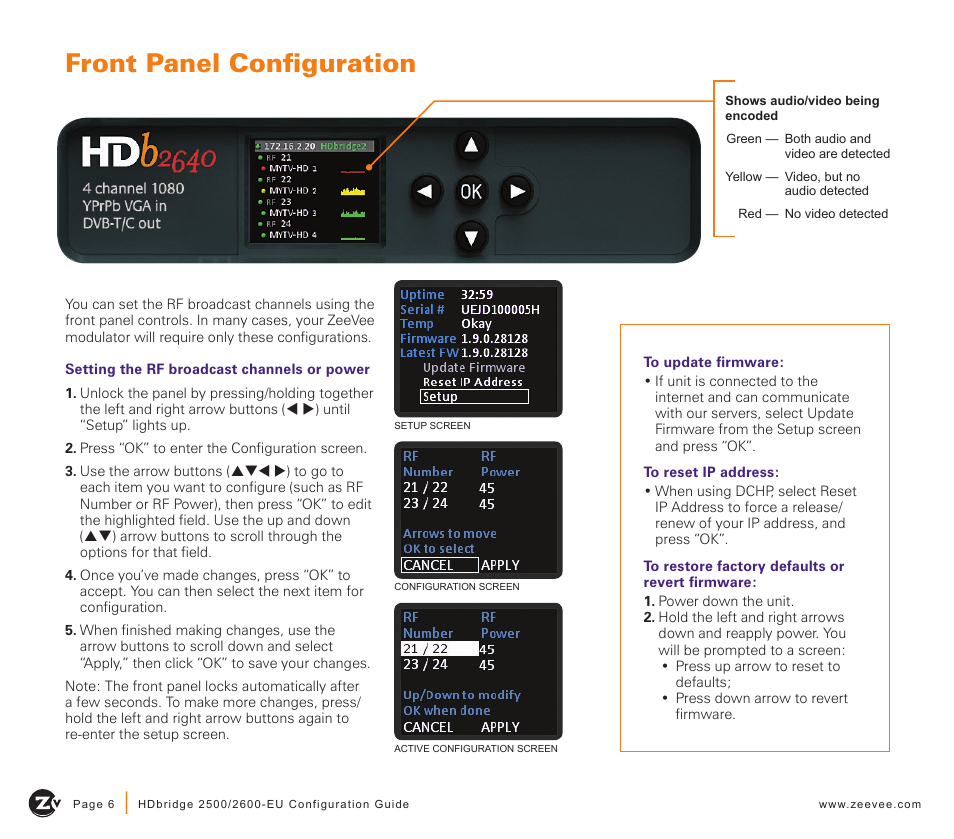 Front panel configuration | ZeeVee HDbridge 2500/2600 Series (DVB-T/C) User Manual | Page 6 / 12