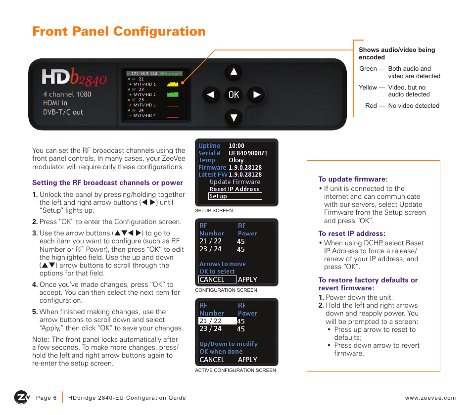 Front panel configuration | ZeeVee HDbridge 2840 (DVB-T/C) User Manual | Page 6 / 12