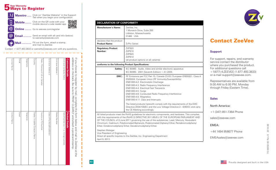 Contact zeevee, Ways to register | ZeeVee ZvPro 600 Series (DVB-T/C) User Manual | Page 12 / 12