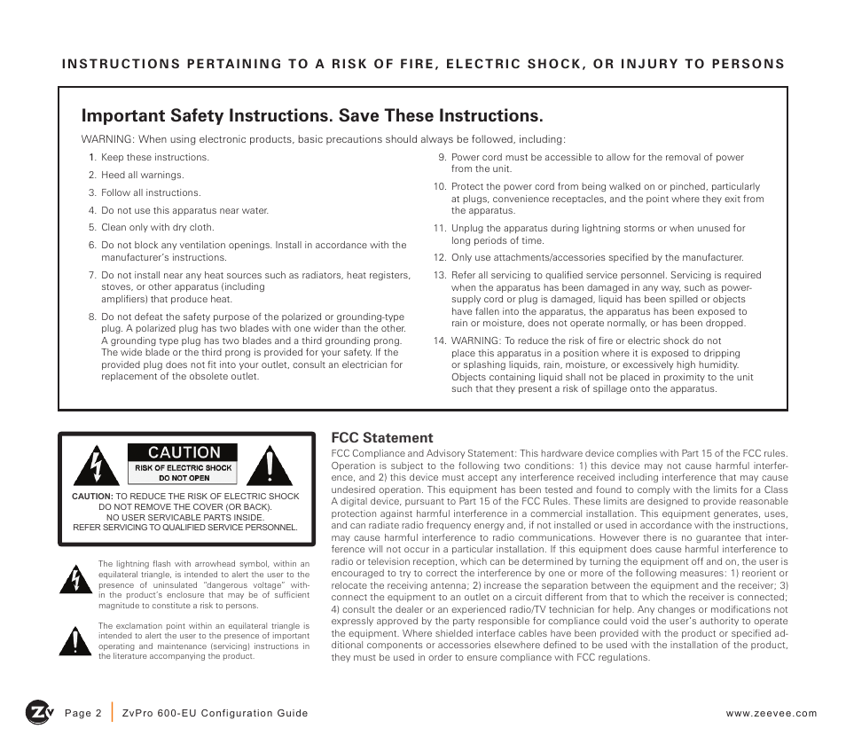 Fcc statement | ZeeVee ZvPro 600 Series (DVB-T/C) User Manual | Page 2 / 12