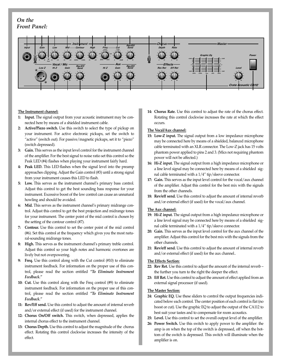 On the front panel | Crate Amplifiers CA112 User Manual | Page 4 / 6