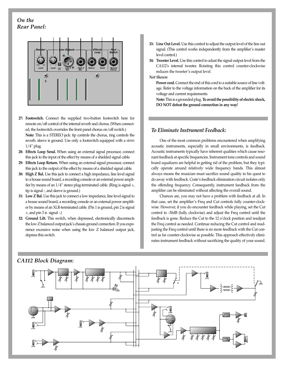 On the rear panel, Ca112 block diagram | Crate Amplifiers CA112 User Manual | Page 5 / 6