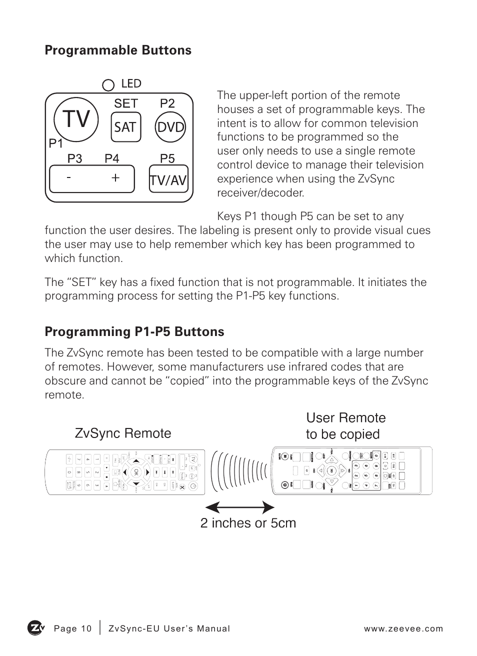 Programmable buttons, Programming p1-p5 buttons | ZeeVee ZvSync (DVB-T/C) User Manual | Page 10 / 36
