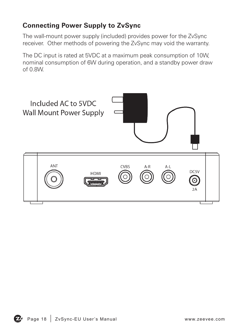 Connecting power supply to zvsync | ZeeVee ZvSync (DVB-T/C) User Manual | Page 18 / 36